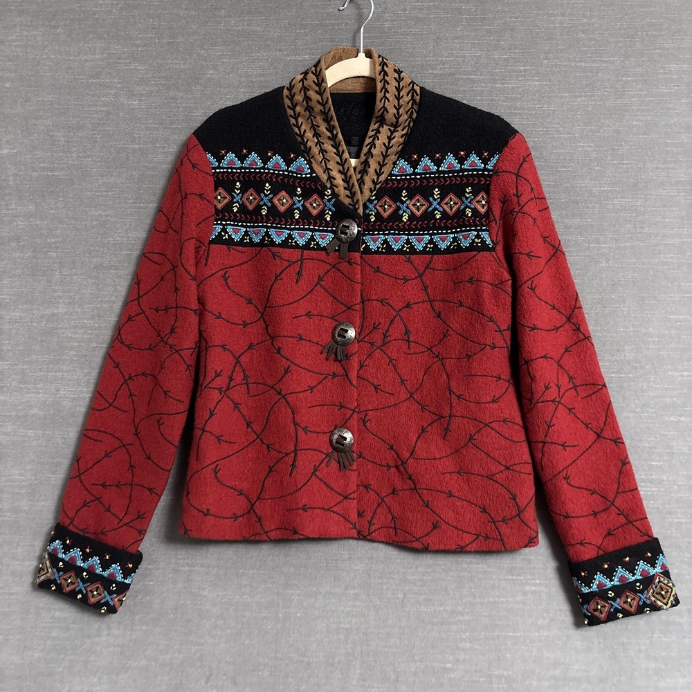 Icelandic Design Jacket Small Red Southwestern Aztec Wool Western Artsy Nordic